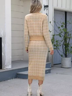Plaid Cardigan And Pencil Midi Skirt Knit Co-ord Set For Women 2026