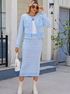 Plaid Cardigan And Pencil Midi Skirt Knit Co-ord Set For Women 2026