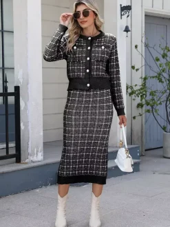 Plaid Cardigan And Pencil Midi Skirt Knit Co-ord Set For Women 2026