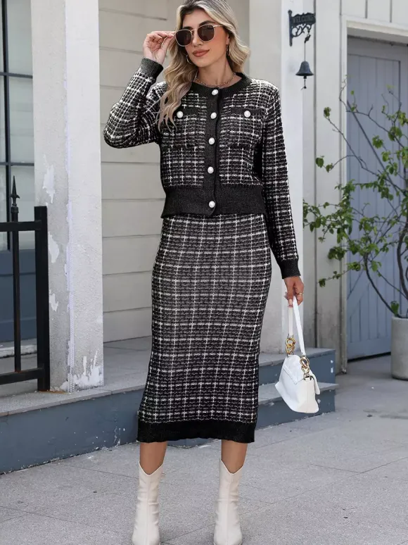 Plaid Cardigan And Pencil Midi Skirt Knit Co-ord Set For Women 2026