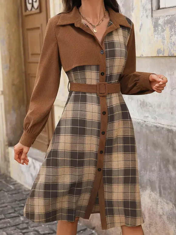 Plaid Corduroy Long Sleeve Midi Dress With Belt For Autumn 2026