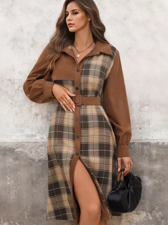 Plaid Corduroy Long Sleeve Midi Dress With Belt For Autumn 2026