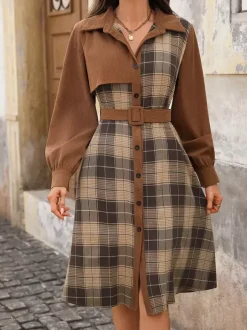 Plaid Corduroy Long Sleeve Midi Dress With Belt For Autumn 2026