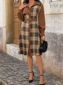 Plaid Corduroy Long Sleeve Midi Dress With Belt For Autumn 2026