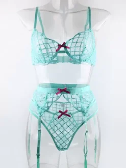 Plaid Lingerie Chic Cyan Blue 3-Piece Bra Panty Garter Sets