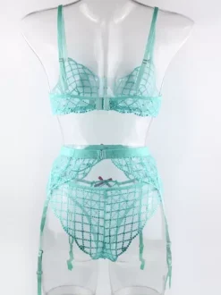 Plaid Lingerie Chic Cyan Blue 3-Piece Bra Panty Garter Sets