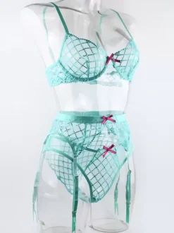 Plaid Lingerie Chic Cyan Blue 3-Piece Bra Panty Garter Sets
