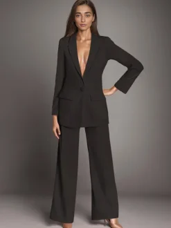 Plain Notched Lapel Button Blazer Busniess Casual 2 Pieces Set