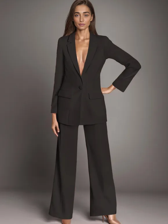 Plain Notched Lapel Button Blazer Busniess Casual 2 Pieces Set