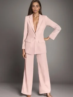 Plain Notched Lapel Button Blazer Busniess Casual 2 Pieces Set