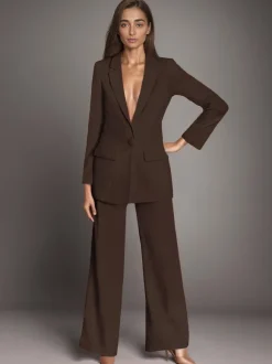 Plain Notched Lapel Button Blazer Busniess Casual 2 Pieces Set