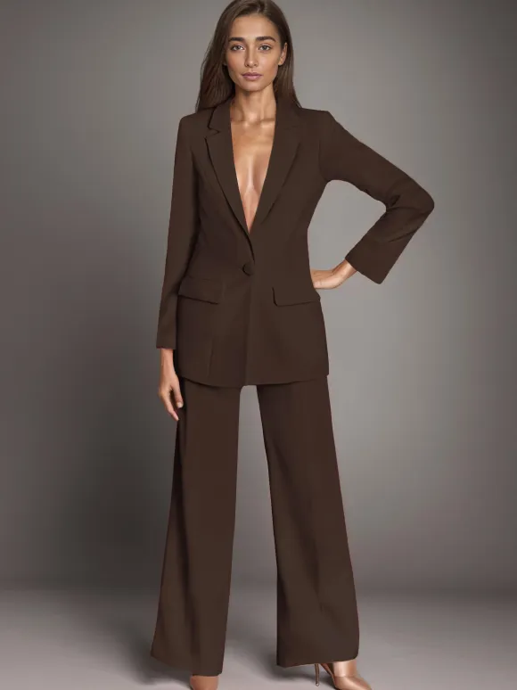 Plain Notched Lapel Button Blazer Busniess Casual 2 Pieces Set