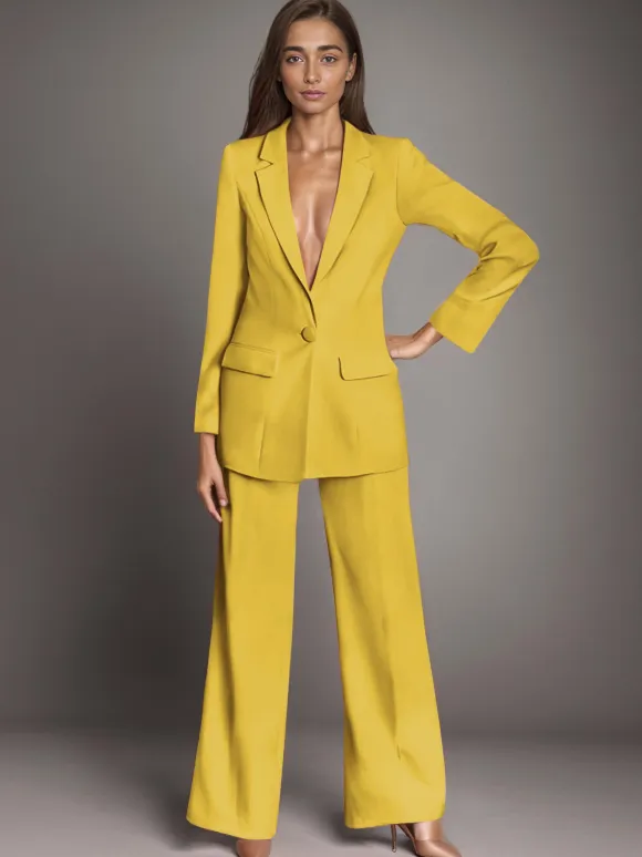 Plain Notched Lapel Button Blazer Busniess Casual 2 Pieces Set