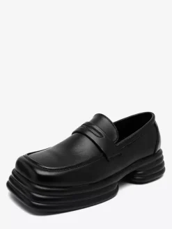 Platform Penny Loafers For Men Slip On Chunky Heel Square Toe Penny Shoes