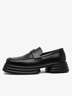 Platform Penny Loafers For Men Slip On Chunky Heel Square Toe Penny Shoes