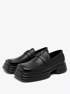 Platform Penny Loafers For Men Slip On Chunky Heel Square Toe Penny Shoes