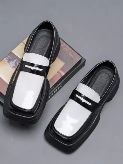 Platform Penny Loafers For Men Slip On Chunky Heel Square Toe Penny Shoes