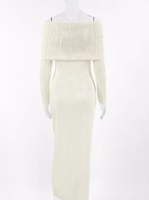 Pleated Off Shoulder Women's Maxi Dress - Elegant Cream Textured Bodycon Gown - Long Sleeve Party Wear 2026