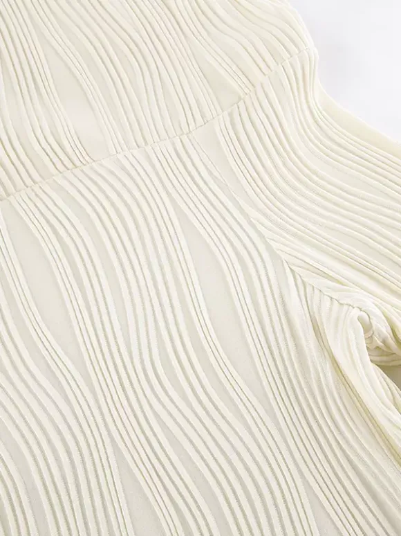Pleated Off Shoulder Women's Maxi Dress - Elegant Cream Textured Bodycon Gown - Long Sleeve Party Wear 2026