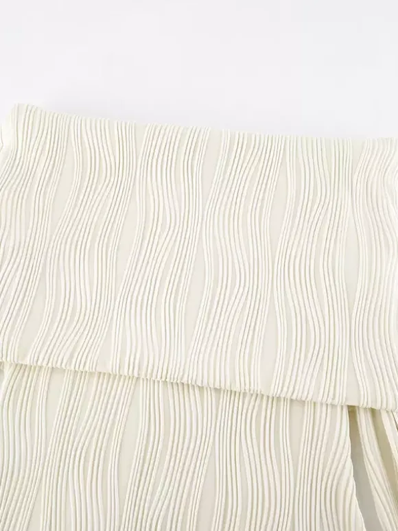 Pleated Off Shoulder Women's Maxi Dress - Elegant Cream Textured Bodycon Gown - Long Sleeve Party Wear 2026