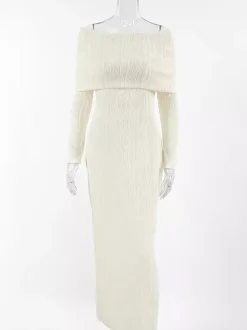Pleated Off Shoulder Women's Maxi Dress - Elegant Cream Textured Bodycon Gown - Long Sleeve Party Wear 2026