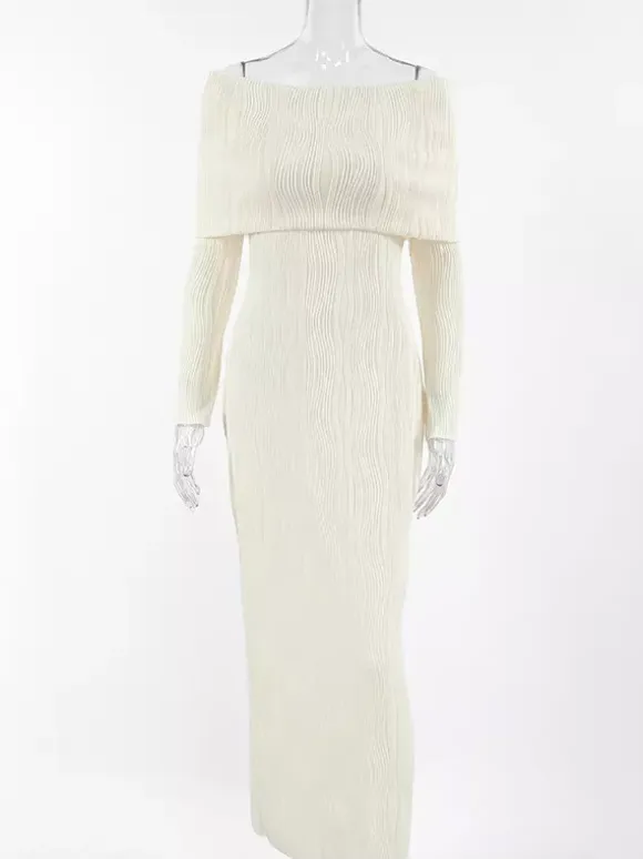 Pleated Off Shoulder Women's Maxi Dress - Elegant Cream Textured Bodycon Gown - Long Sleeve Party Wear 2026