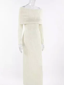 Pleated Off Shoulder Women's Maxi Dress - Elegant Cream Textured Bodycon Gown - Long Sleeve Party Wear 2026