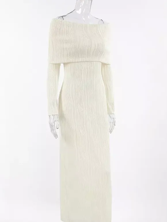 Pleated Off Shoulder Women's Maxi Dress - Elegant Cream Textured Bodycon Gown - Long Sleeve Party Wear 2026