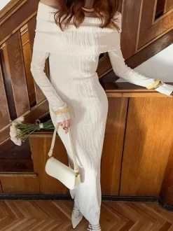 Pleated Off Shoulder Women's Maxi Dress - Elegant Cream Textured Bodycon Gown - Long Sleeve Party Wear 2026