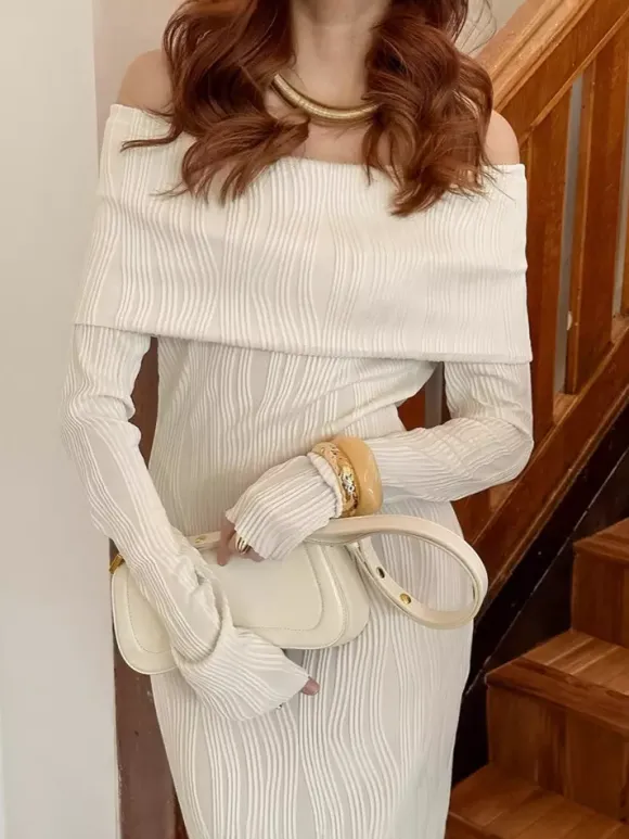 Pleated Off Shoulder Women's Maxi Dress - Elegant Cream Textured Bodycon Gown - Long Sleeve Party Wear 2026