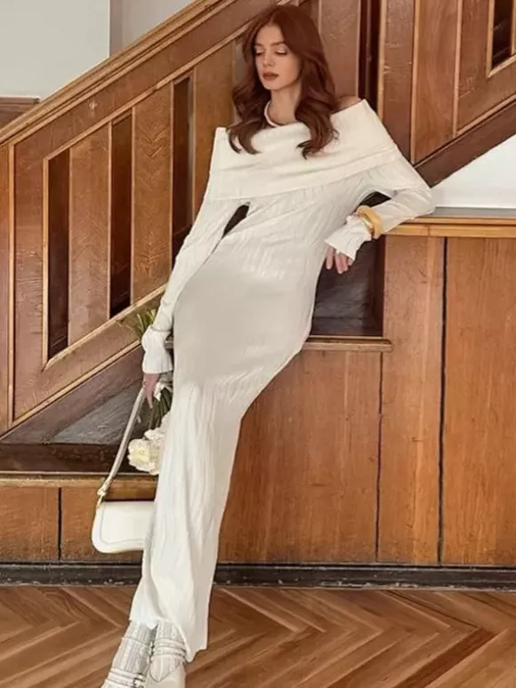 Pleated Off Shoulder Women's Maxi Dress - Elegant Cream Textured Bodycon Gown - Long Sleeve Party Wear 2026