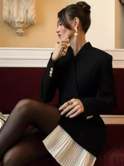 Pleated Patchwork Long Sleeve Mini Blazer Dress For Women 2026