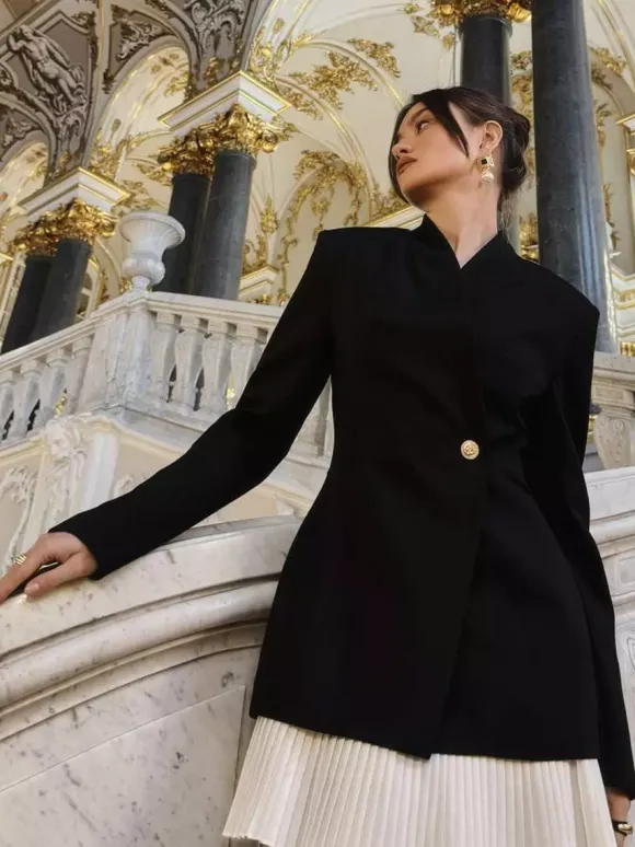 Pleated Patchwork Long Sleeve Mini Blazer Dress For Women 2026