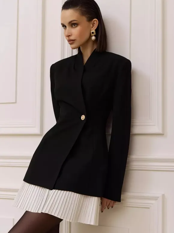 Pleated Patchwork Long Sleeve Mini Blazer Dress For Women 2026