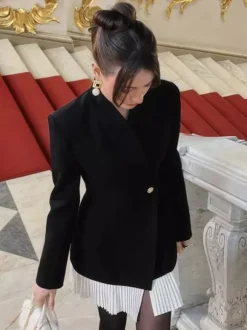 Pleated Patchwork Long Sleeve Mini Blazer Dress For Women 2026