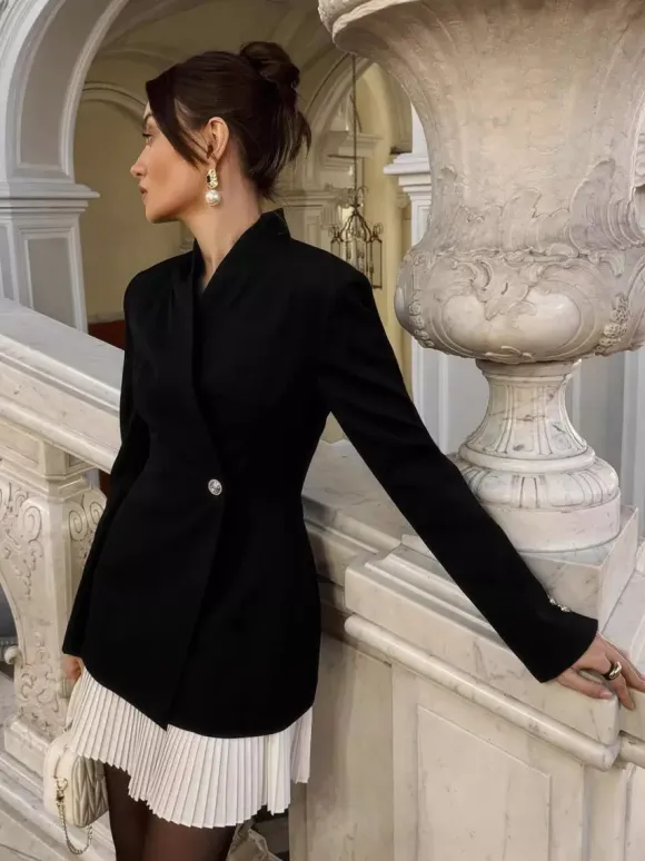 Pleated Patchwork Long Sleeve Mini Blazer Dress For Women 2026