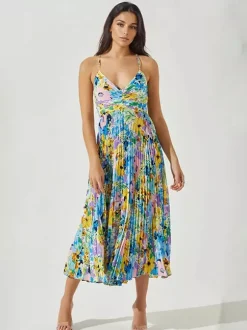 Pleated Floral Midi Sundress for Women - Boho V Neck Spaghetti Strap Fit and Flare A-line Dress - Summer Beach Resort 2026