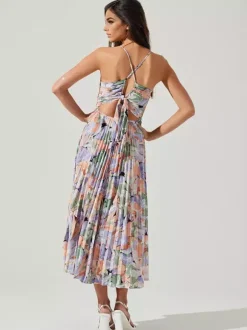 Pleated Floral Midi Sundress for Women - Boho V Neck Spaghetti Strap Fit and Flare A-line Dress - Summer Beach Resort 2026