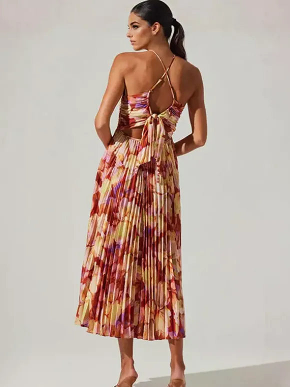 Pleated Floral Midi Sundress for Women - Boho V Neck Spaghetti Strap Fit and Flare A-line Dress - Summer Beach Resort 2026