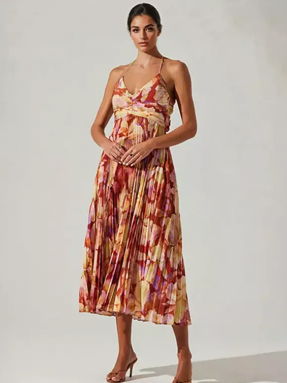 Pleated Floral Midi Sundress for Women - Boho V Neck Spaghetti Strap Fit and Flare A-line Dress - Summer Beach Resort 2026