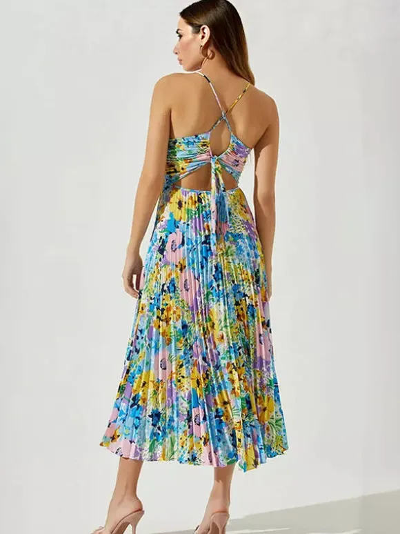 Pleated Floral Midi Sundress for Women - Boho V Neck Spaghetti Strap Fit and Flare A-line Dress - Summer Beach Resort 2026