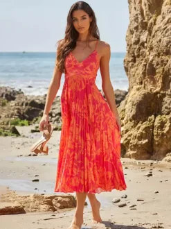 Pleated Floral Midi Sundress for Women - Boho V Neck Spaghetti Strap Fit and Flare A-line Dress - Summer Beach Resort 2026