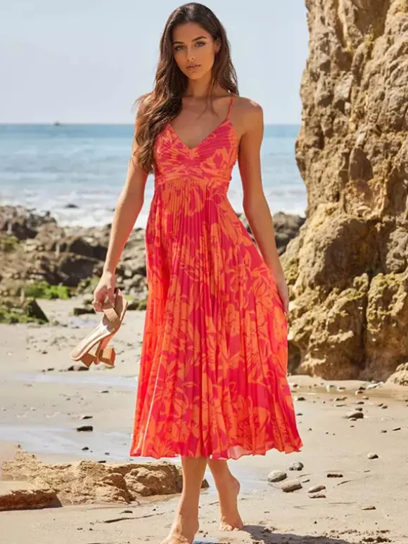 Pleated Floral Midi Sundress for Women - Boho V Neck Spaghetti Strap Fit and Flare A-line Dress - Summer Beach Resort 2026