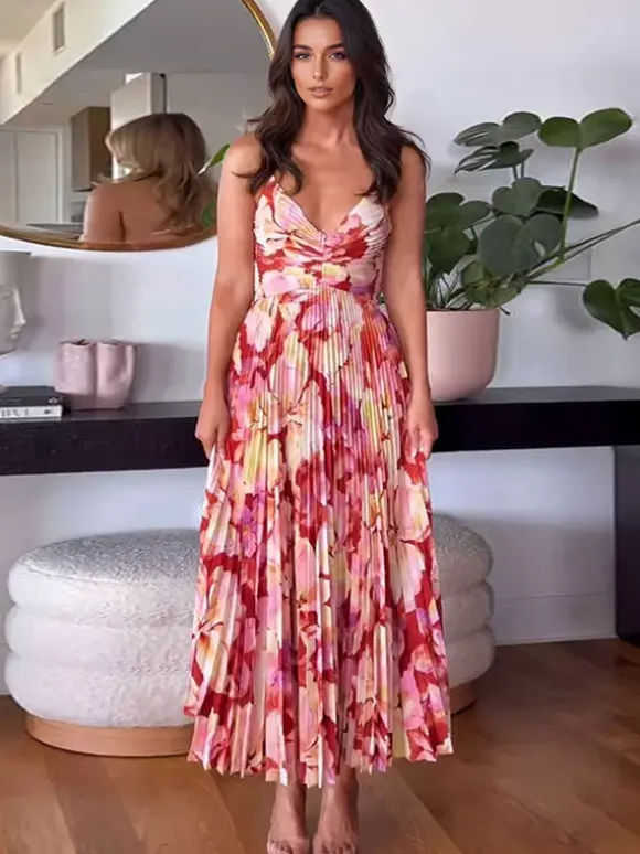 Pleated Floral Midi Sundress for Women - Boho V Neck Spaghetti Strap Fit and Flare A-line Dress - Summer Beach Resort 2026