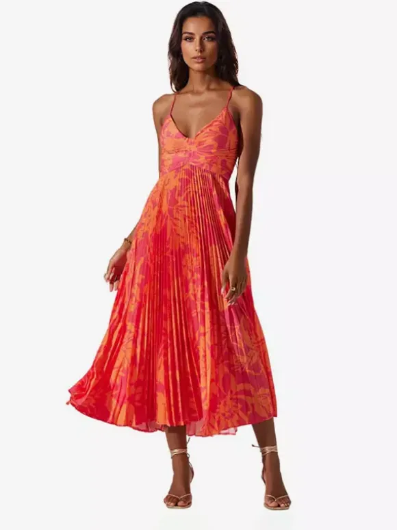 Pleated Floral Midi Sundress for Women - Boho V Neck Spaghetti Strap Fit and Flare A-line Dress - Summer Beach Resort 2026