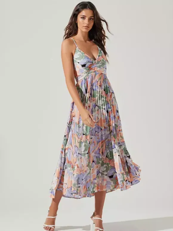 Pleated Floral Midi Sundress for Women - Boho V Neck Spaghetti Strap Fit and Flare A-line Dress - Summer Beach Resort 2026