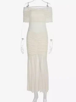 Pleated Maxi Dresses Off-Shoulder Sheer Semi-formal Party Long Dress For Women 2026