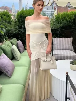 Pleated Maxi Dresses Off-Shoulder Sheer Semi-formal Party Long Dress For Women 2026