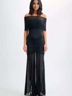 Pleated Maxi Dresses Off-Shoulder Sheer Semi-formal Party Long Dress For Women 2026