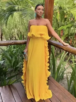 Pleated Strapless Women's Maxi Tube Dress - Ruffle Side Flowy Long Gown - Summer Beach Wedding Guest 2026